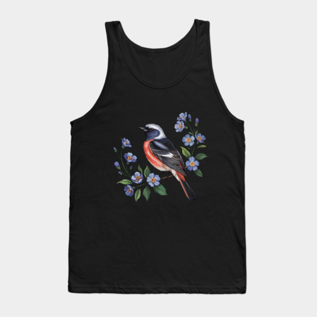Redstart Bird Perched in Blue Floral Scene Tank Top by BirdsnStuff