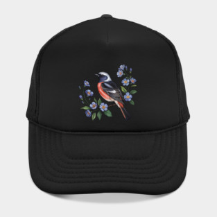 Redstart Bird Perched in Blue Floral Scene Hat