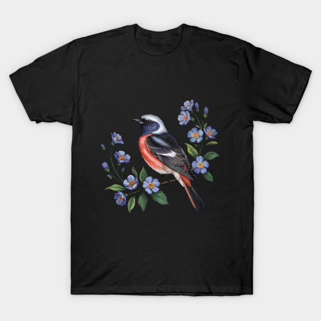 Redstart Bird Perched in Blue Floral Scene T-Shirt by BirdsnStuff