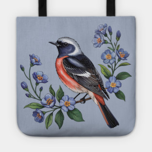 Redstart Bird Perched in Blue Floral Scene Tote