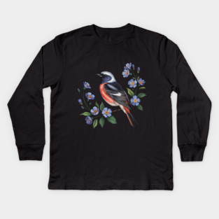 Redstart Bird Perched in Blue Floral Scene Kids Long Sleeve T-Shirt