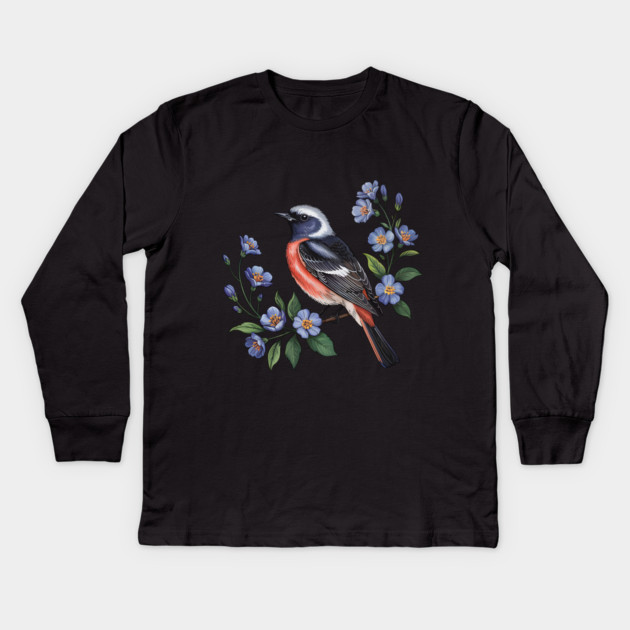 Redstart Bird Perched in Blue Floral Scene Kids Long Sleeve T-Shirt by BirdsnStuff