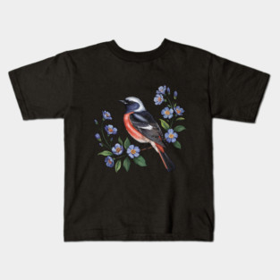 Redstart Bird Perched in Blue Floral Scene Kids T-Shirt