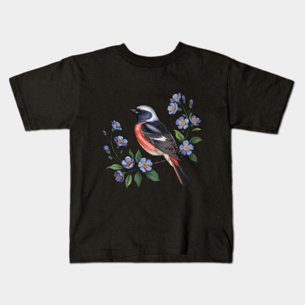 Redstart Bird Perched in Blue Floral Scene Kids T-Shirt by BirdsnStuff