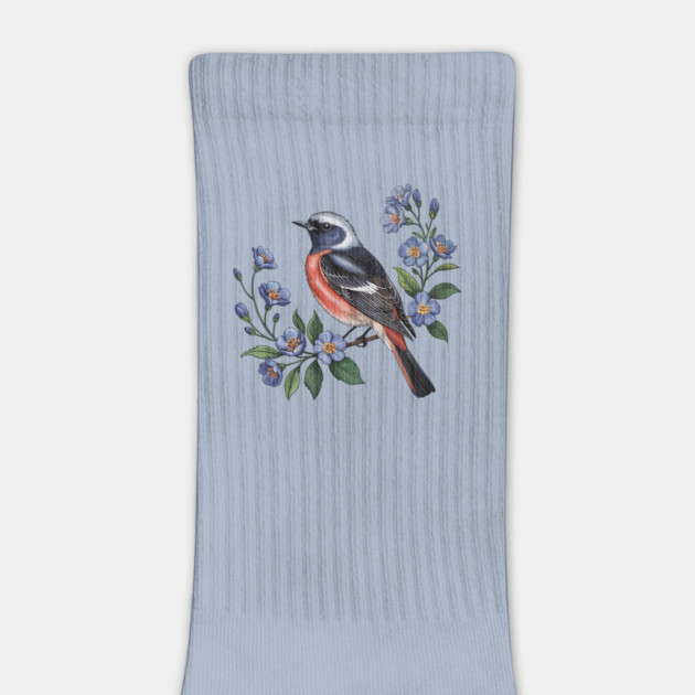 Redstart Bird Perched in Blue Floral Scene by BirdsnStuff