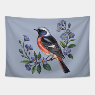 Redstart Bird Perched in Blue Floral Scene Tapestry