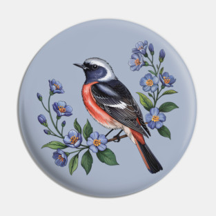 Redstart Bird Perched in Blue Floral Scene Pin