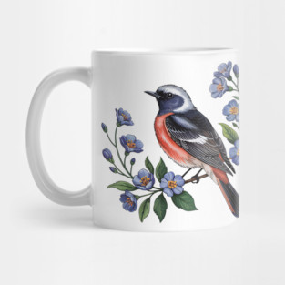 Redstart Bird Perched in Blue Floral Scene Mug