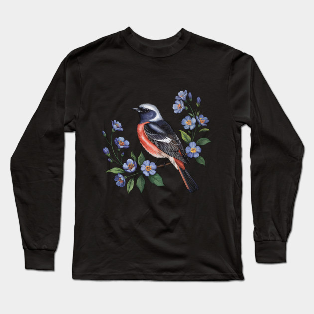 Redstart Bird Perched in Blue Floral Scene Long Sleeve T-Shirt by BirdsnStuff