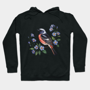 Redstart Bird Perched in Blue Floral Scene Hoodie