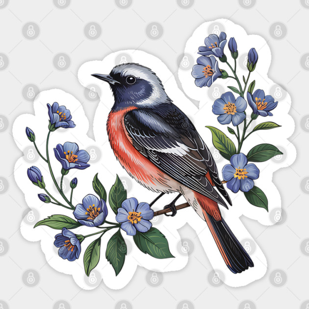 Redstart Bird Perched in Blue Floral Scene Sticker by BirdsnStuff
