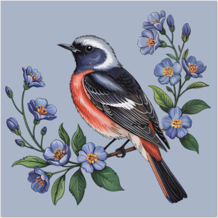 Redstart Bird Perched in Blue Floral Scene Posters and Art