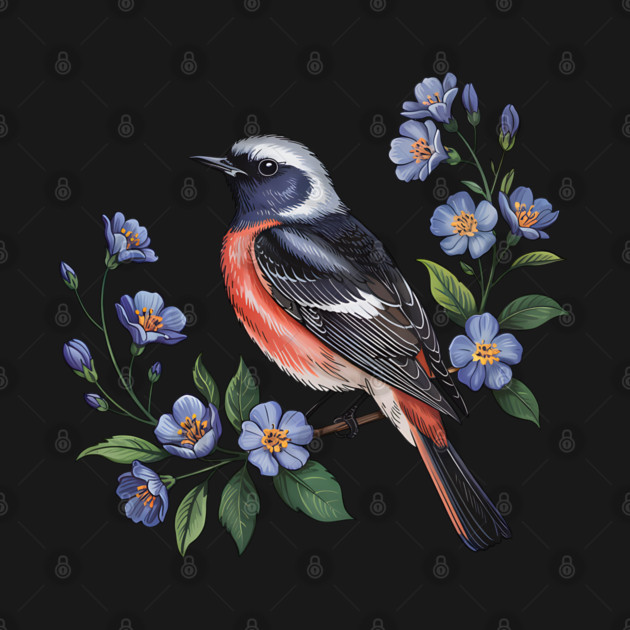 Redstart Bird Perched in Blue Floral Scene by BirdsnStuff