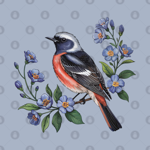 Redstart Bird Perched in Blue Floral Scene by BirdsnStuff