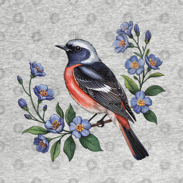 Redstart Bird Perched in Blue Floral Scene by BirdsnStuff