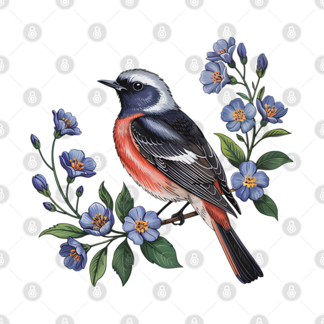 Redstart Bird Perched in Blue Floral Scene by BirdsnStuff
