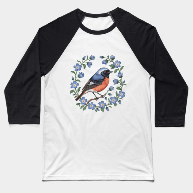 Redstart Bird in Floral Wreath of Blue Flowers Baseball T-Shirt by BirdsnStuff
