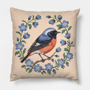 Redstart Bird in Floral Wreath of Blue Flowers Pillow