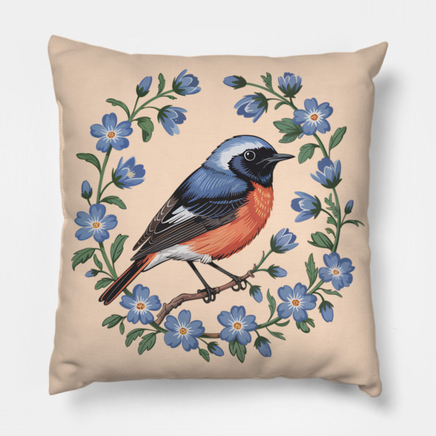 Redstart Bird in Floral Wreath of Blue Flowers Pillow by BirdsnStuff