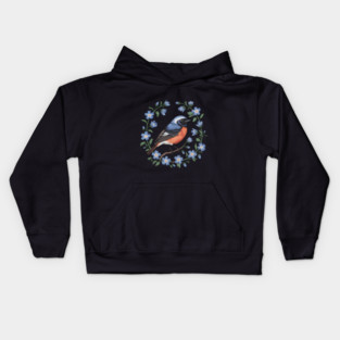 Redstart Bird in Floral Wreath of Blue Flowers Kids Hoodie
