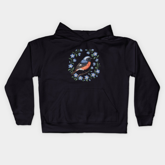 Redstart Bird in Floral Wreath of Blue Flowers Kids Hoodie by BirdsnStuff