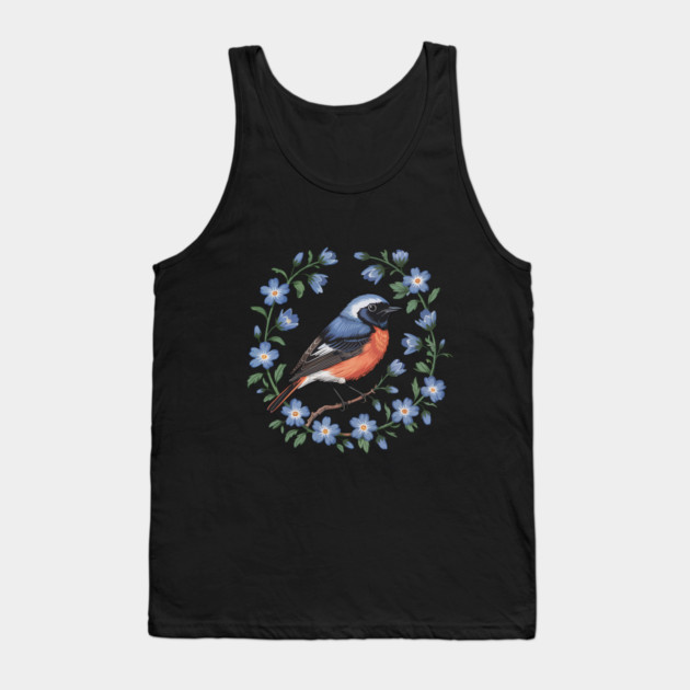 Redstart Bird in Floral Wreath of Blue Flowers Tank Top by BirdsnStuff