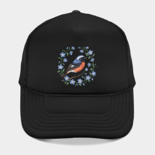 Redstart Bird in Floral Wreath of Blue Flowers Hat