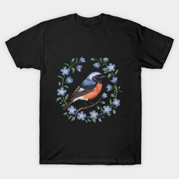 Redstart Bird in Floral Wreath of Blue Flowers T-Shirt by BirdsnStuff