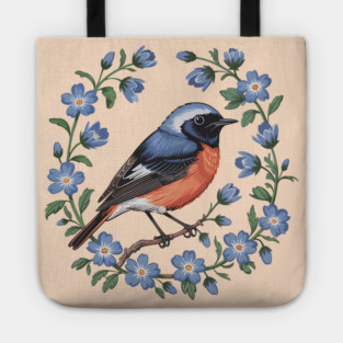Redstart Bird in Floral Wreath of Blue Flowers Tote