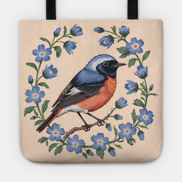 Redstart Bird in Floral Wreath of Blue Flowers Tote by BirdsnStuff