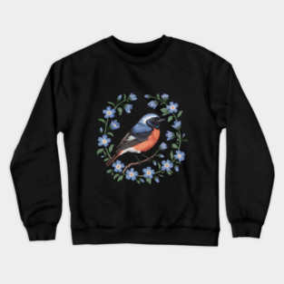 Redstart Bird in Floral Wreath of Blue Flowers Crewneck Sweatshirt