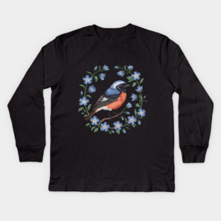 Redstart Bird in Floral Wreath of Blue Flowers Kids Long Sleeve T-Shirt