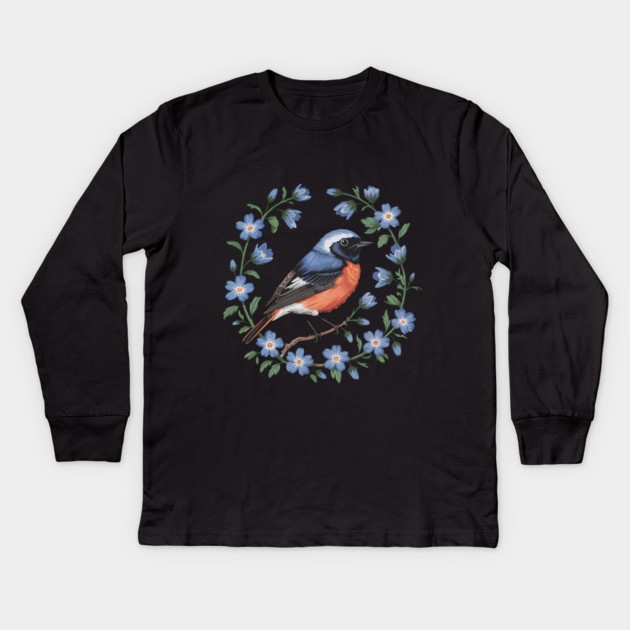 Redstart Bird in Floral Wreath of Blue Flowers Kids Long Sleeve T-Shirt by BirdsnStuff