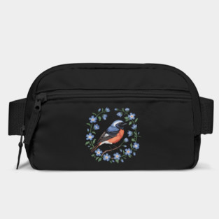 Redstart Bird in Floral Wreath of Blue Flowers Bag