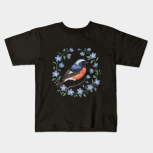 Redstart Bird in Floral Wreath of Blue Flowers Kids T-Shirt