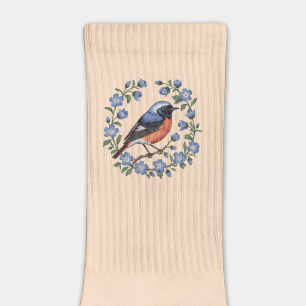 Redstart Bird in Floral Wreath of Blue Flowers by BirdsnStuff