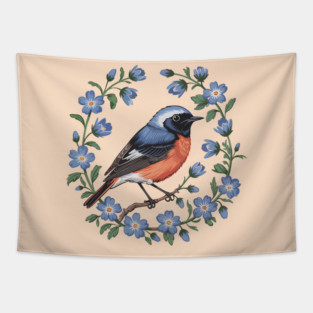 Redstart Bird in Floral Wreath of Blue Flowers Tapestry
