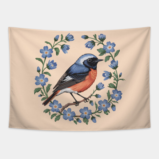 Redstart Bird in Floral Wreath of Blue Flowers Tapestry by BirdsnStuff