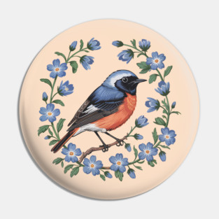 Redstart Bird in Floral Wreath of Blue Flowers Pin