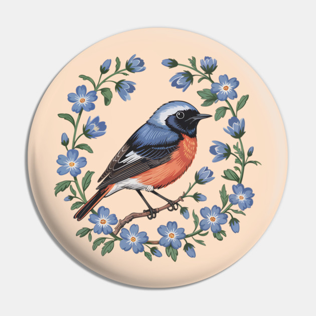 Redstart Bird in Floral Wreath of Blue Flowers Pin by BirdsnStuff