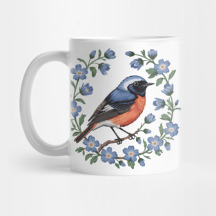 Redstart Bird in Floral Wreath of Blue Flowers Mug