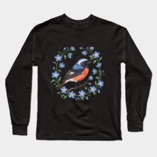 Redstart Bird in Floral Wreath of Blue Flowers Long Sleeve T-Shirt