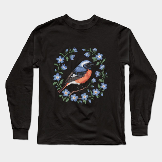 Redstart Bird in Floral Wreath of Blue Flowers Long Sleeve T-Shirt by BirdsnStuff