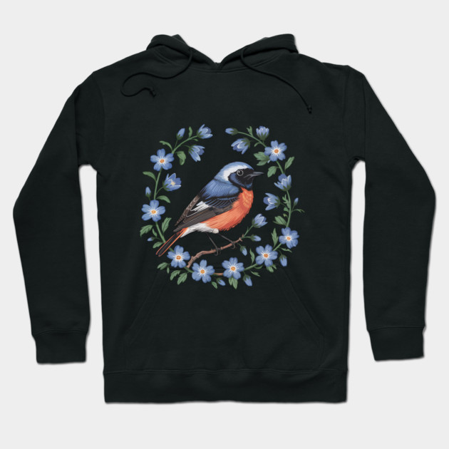 Redstart Bird in Floral Wreath of Blue Flowers Hoodie by BirdsnStuff