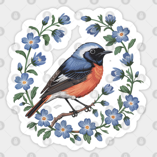 Redstart Bird in Floral Wreath of Blue Flowers Sticker by BirdsnStuff