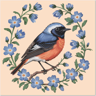 Redstart Bird in Floral Wreath of Blue Flowers Posters and Art
