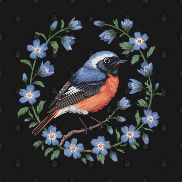 Redstart Bird in Floral Wreath of Blue Flowers by BirdsnStuff