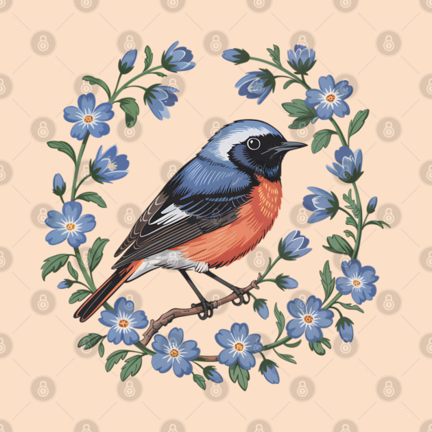 Redstart Bird in Floral Wreath of Blue Flowers by BirdsnStuff