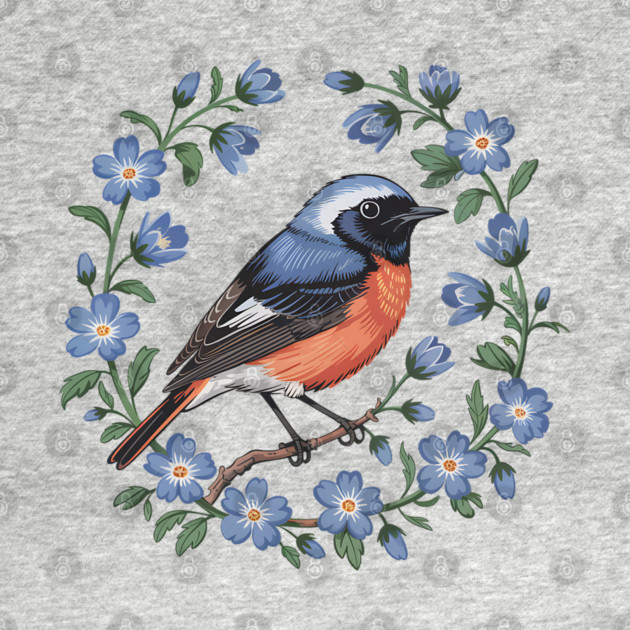 Redstart Bird in Floral Wreath of Blue Flowers by BirdsnStuff