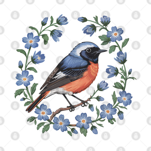 Redstart Bird in Floral Wreath of Blue Flowers by BirdsnStuff